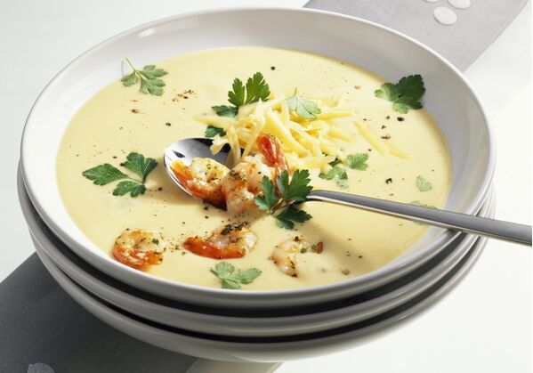 A Mediterranean lunch might include a cream cheese and seafood soup. 